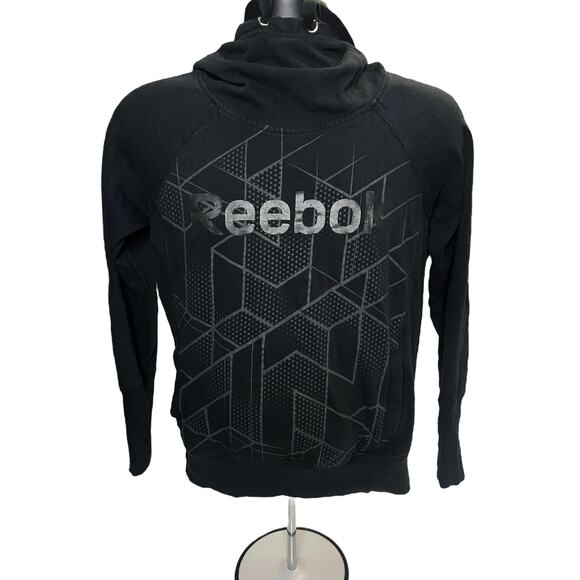 Reebok Black Geometric Hoodie Mens Size Medium Pullover Sweatshirt Athletic Wear - Picture 1 of 15